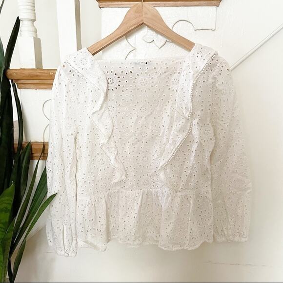 Madewell White Eyelet 100% Cotton Long Sleeve Pom Pom Blouse Size S - Picture 7 of 7